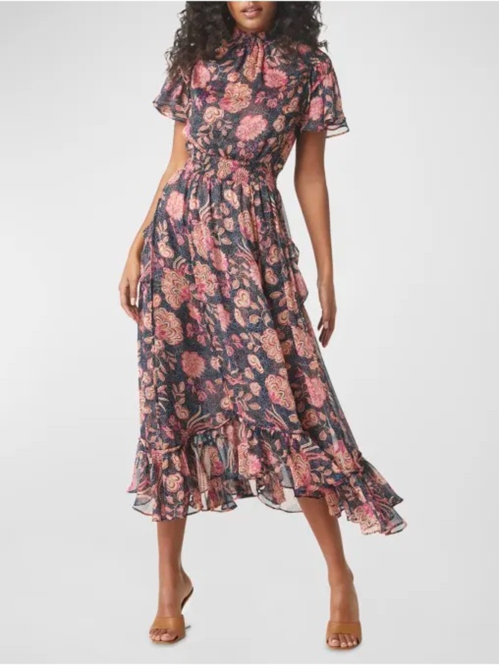 Gathered Waist Floral Midi Dress in Navy and Pink